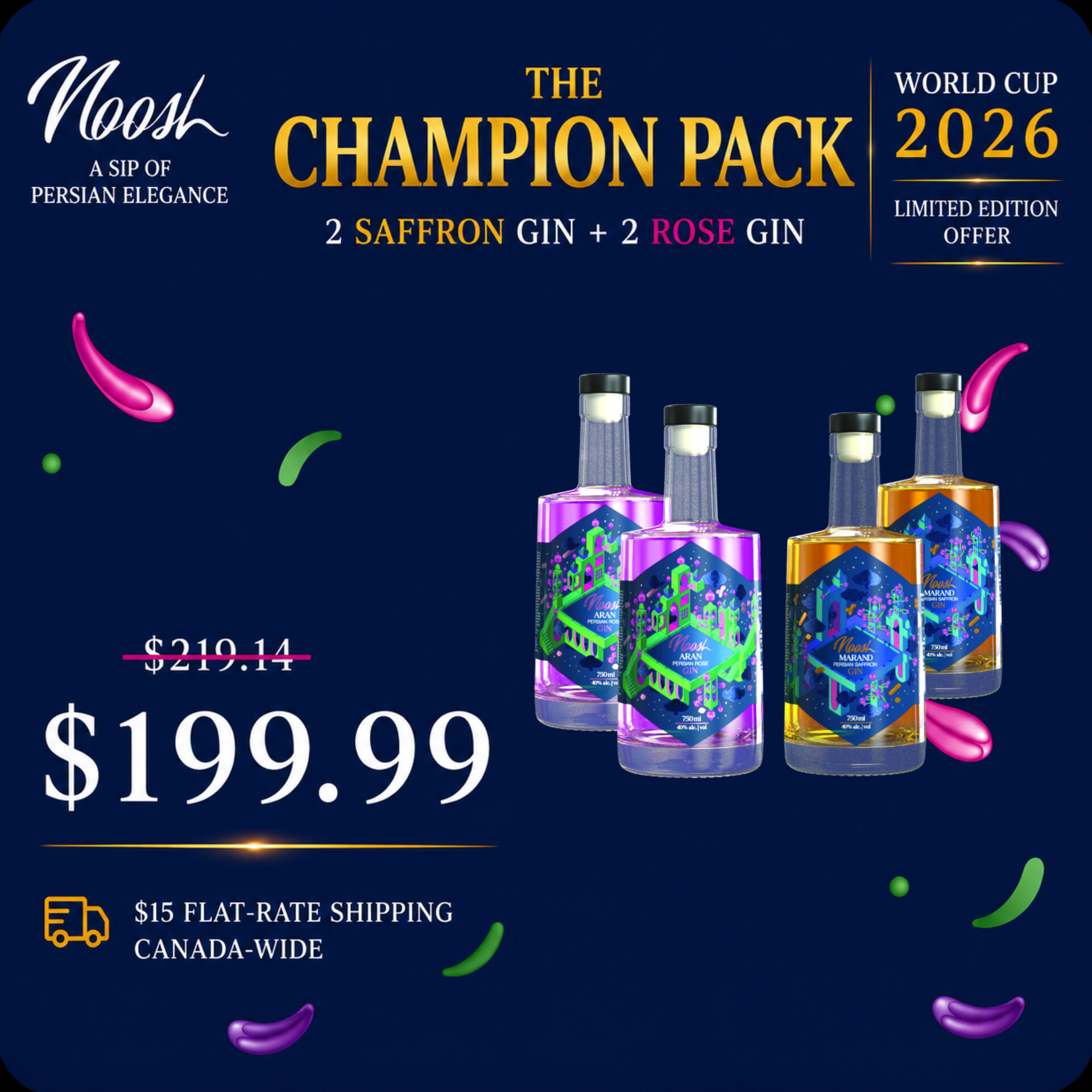 The Champion Pack World Cup 2026 Limited Edition Bundle featuring 2 Noosh Saffron Gin and 2 Noosh Rose Gin bottles